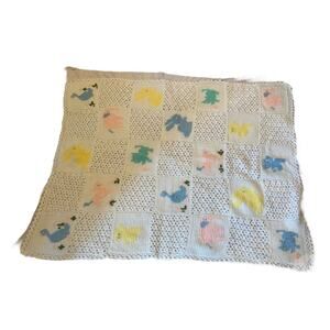 Vintage Hand Made Baby Throw Blanket Knit Crochet Afghan Animals 50" x 39"